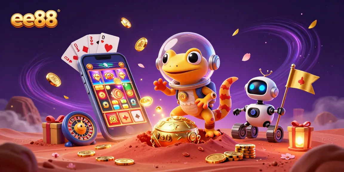 Engage with ee88’s Martian adventure as a gecko uncovers a golden casino among vibrant gaming elements.