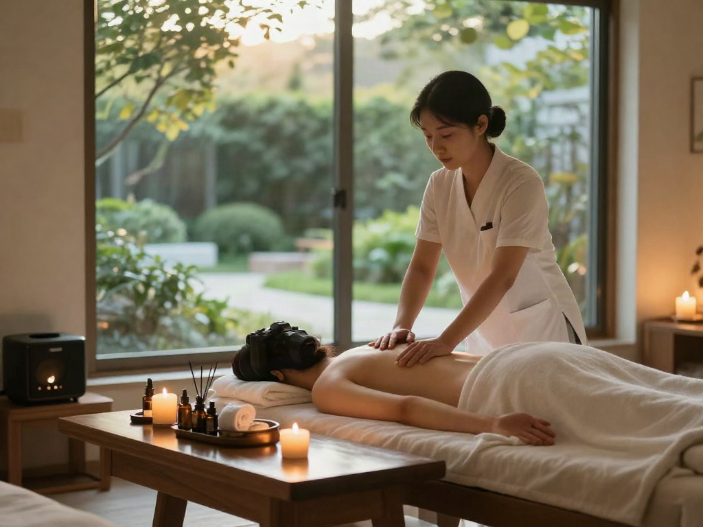 Relaxing environment for 신촌출장안마 service featuring a massage therapist and soothing decor.