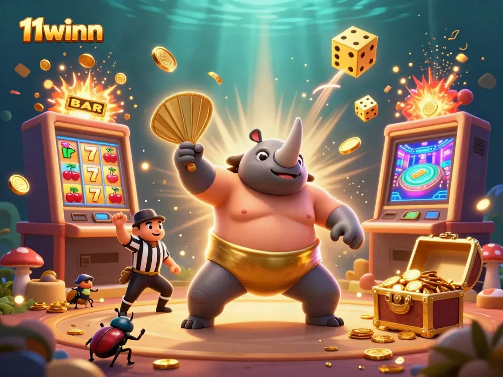 Experience excitement at 11winn with a dynamic casino scene featuring a sumo beetle champion.