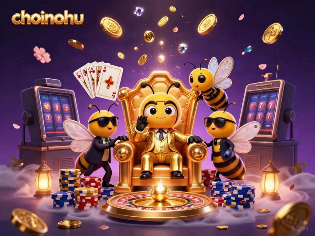 Experience choinohu's dynamic gaming world with thrilling casino characters amidst sparkling slots and tokens.