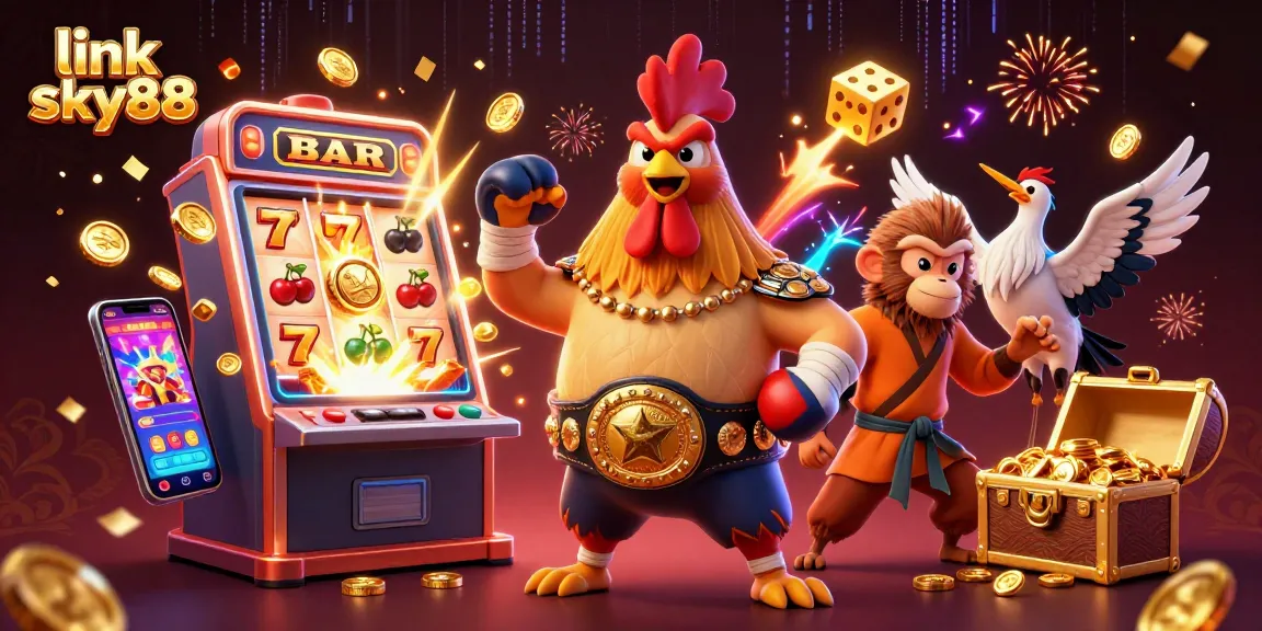 Experience the thrill of winning at link sky88 with a dynamic casino-themed 3D illustration featuring iconic characters.
