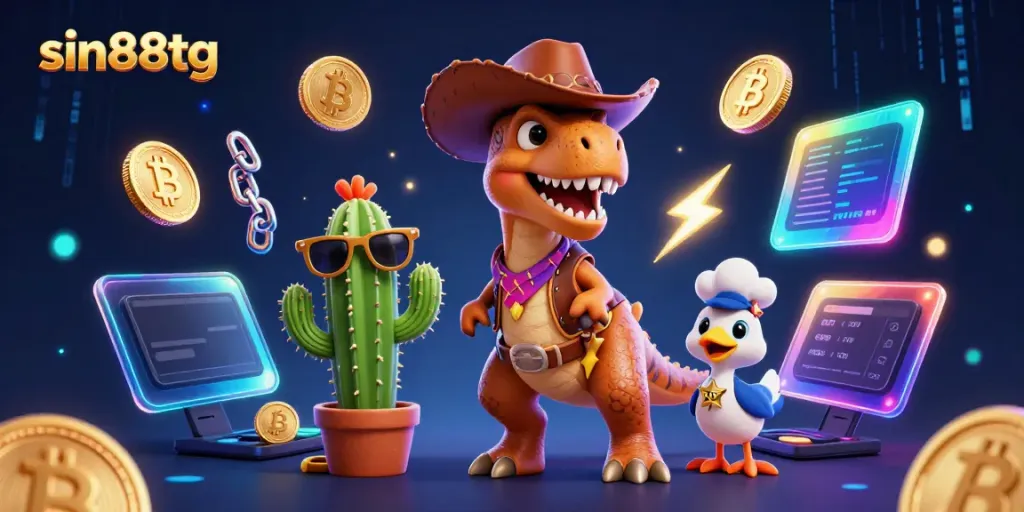 Experience thrilling gameplay at sin88tg with a vibrant T-Rex and friends in a dynamic casino adventure.
