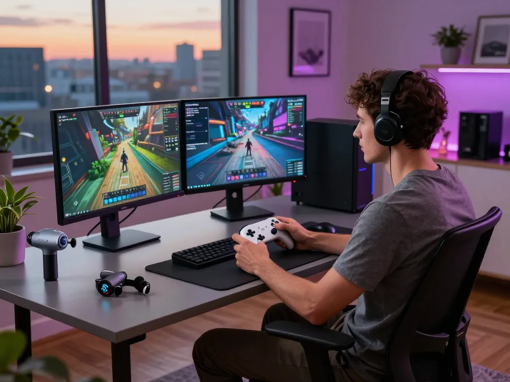 Explore top 10 tech gadgets 2092 in a modern home office setup with gaming and fitness devices.
