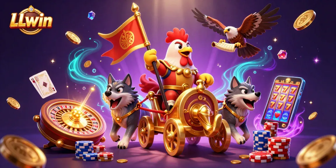 Experience thrilling gameplay at LLwin with a 3D illustration of a rooster warlord in a vibrant casino scene.