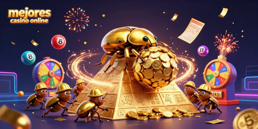 Participa en los mejores casino online, donde un escarabajo dorado rueda monedas y símbolos de azar en un ambiente festivo.