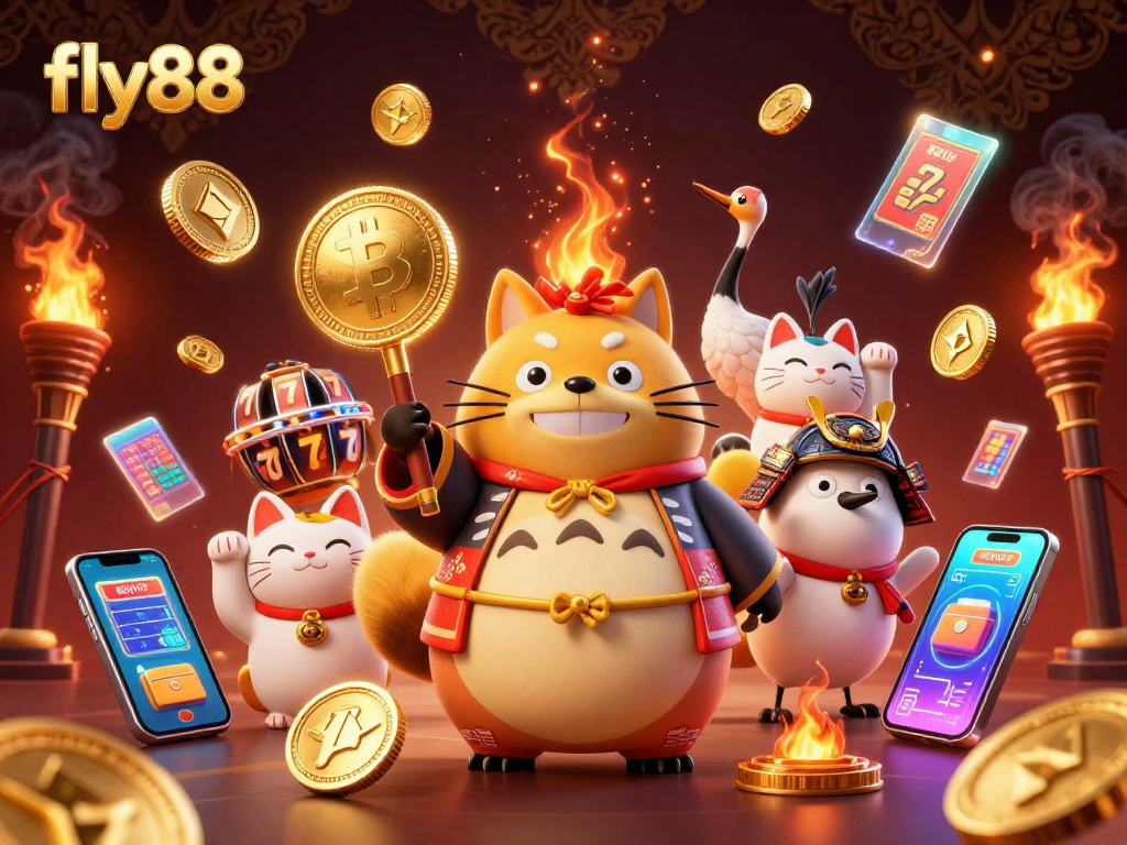 Experience excitement at fly88 with colorful characters, vibrant gaming elements, and glowing cryptocurrency.