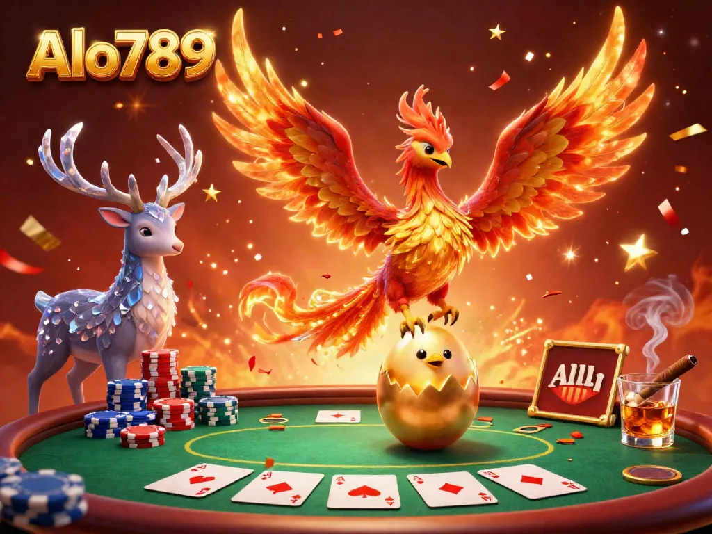 Experience live action at Alo789 with colorful poker elements and a majestic phoenix in a thrilling casino setting.