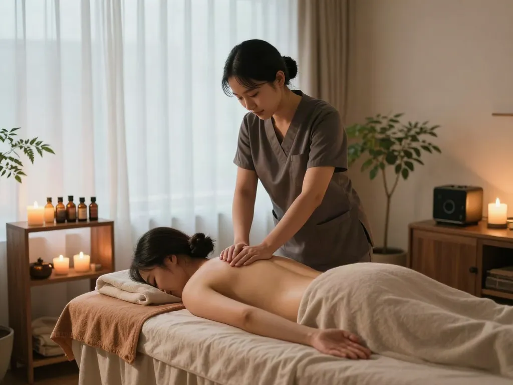 Calming 잠실출장안마 session in a serene home environment with soft lighting and soothing decor.