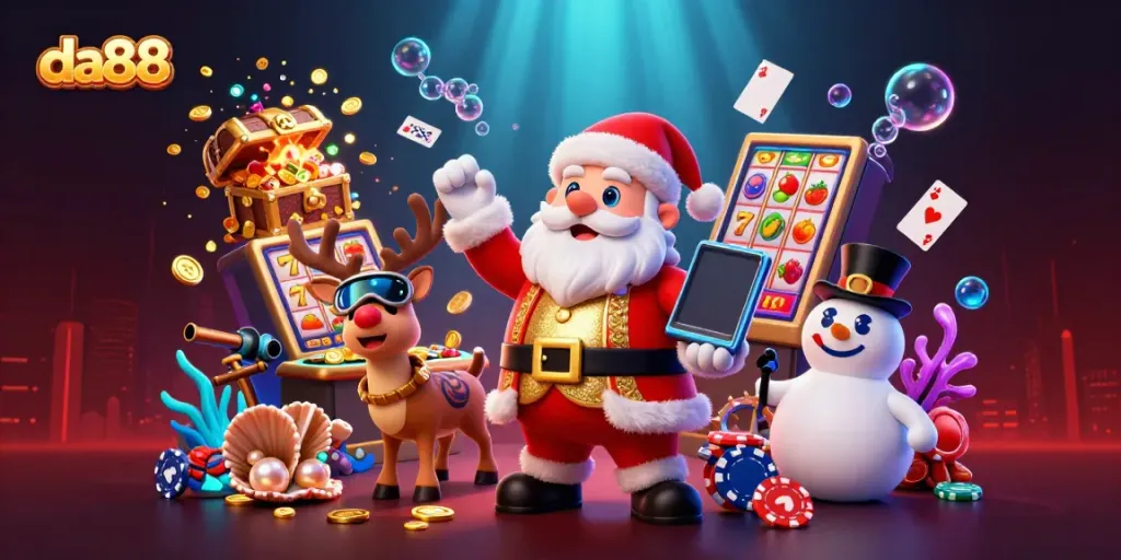 Experience jackpot thrills with da88 through Santa, a reindeer dealer, and a poker chip snowman in a vibrant casino scene.