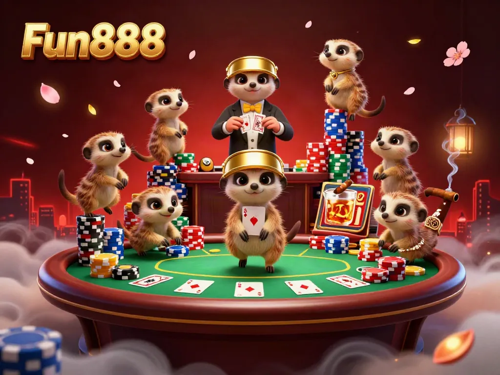 Experience the excitement of Fun888 with meerkats running a lively casino operation filled with vibrant elements.