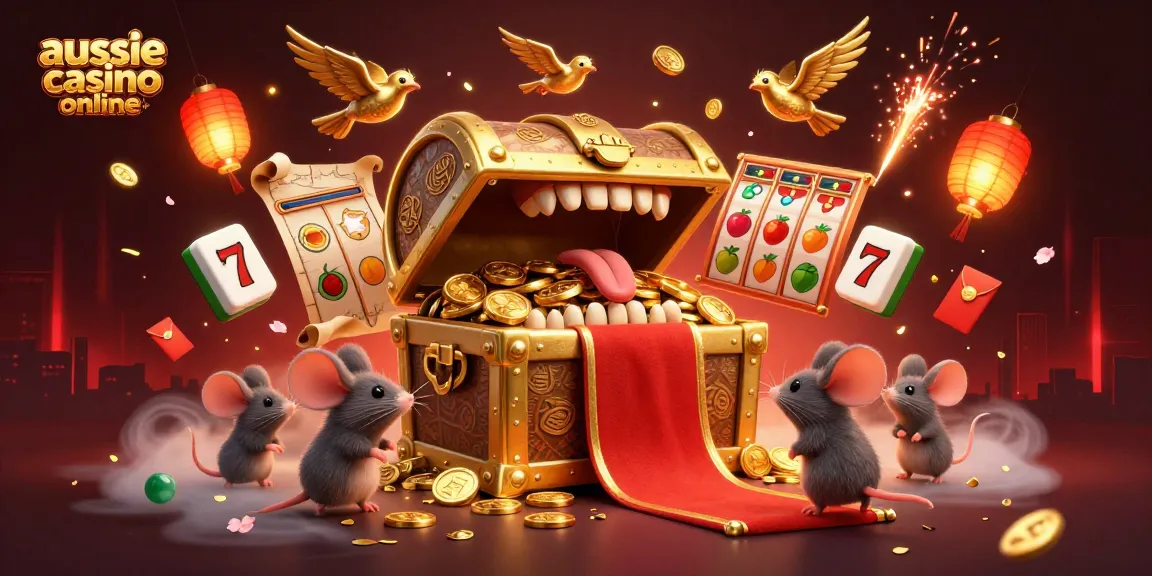 Aussie casino online scene with adventure mice and golden treasure in a vibrant casino atmosphere.