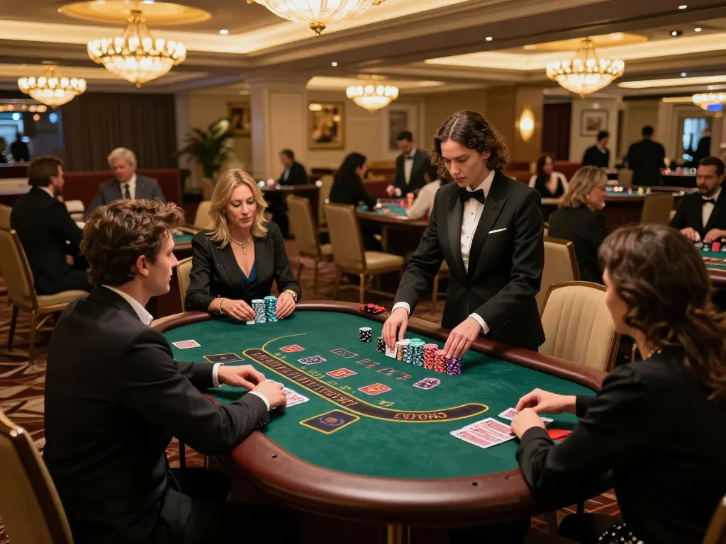 Fly888 players celebrating blackjack wins at an upscale casino table with vibrant ambiance.