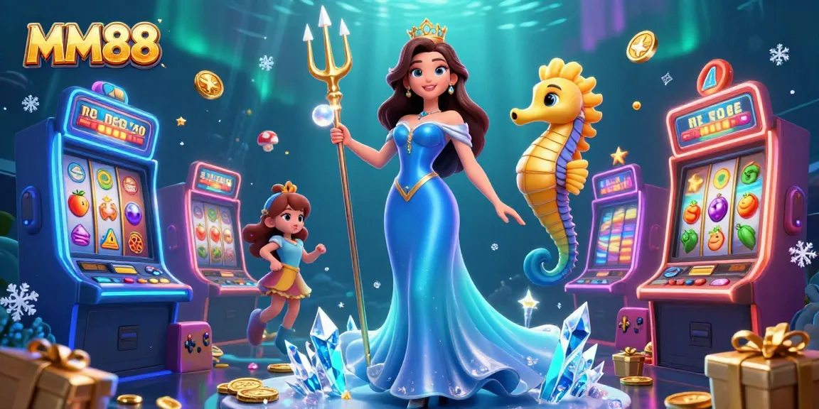 MM88 engages gamblers with a vibrant underwater casino scene featuring slot machines, glowing elements, and treasures.