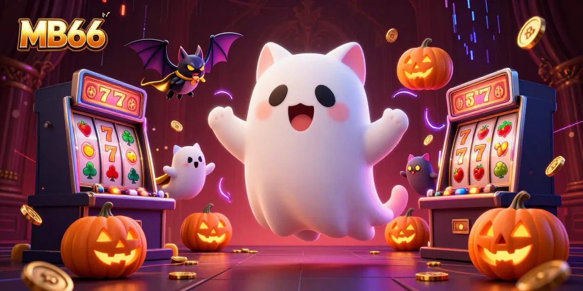 Experience thrilling gaming action at MB66 with a ghostly cat and festive atmosphere.