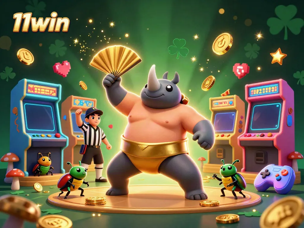 Experience thrilling gameplay at 11win with an exciting casino-themed cartoon illustration.