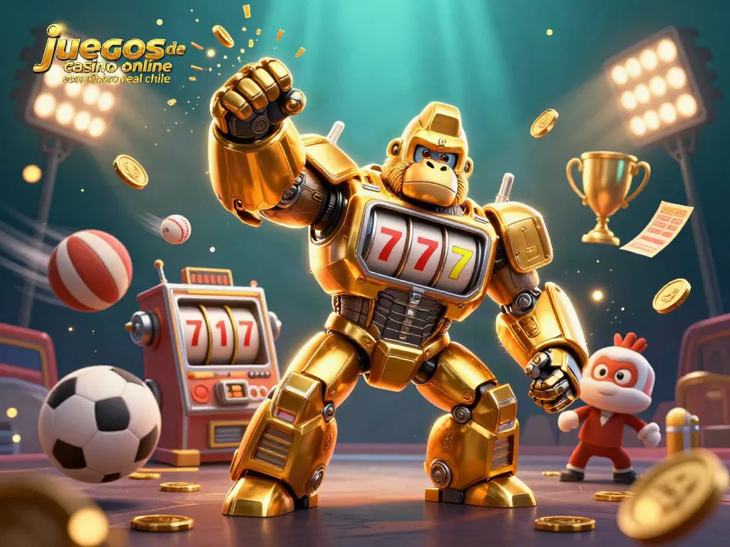 Una emocionante ilustración que muestra juegos de casino online con dinero real en Chile, destacando un gorila mecánico dorado que lanza monedas.