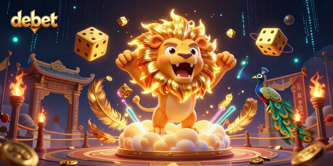 Engage with the debet experience as the sun lion roars amidst golden dice and vibrant casino elements.