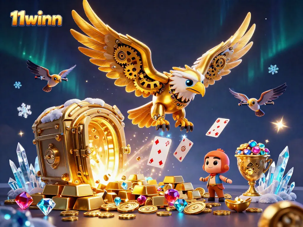 Engage with the vibrant world of 11winn, featuring a golden eagle amidst casino action and treasure.