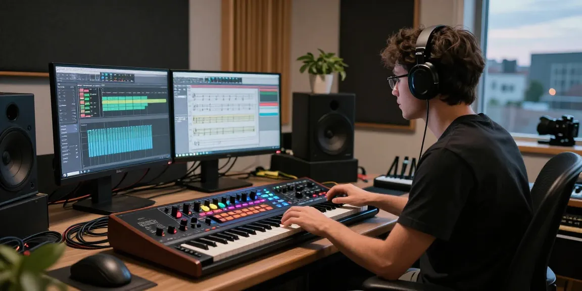 Musician using SC88 sound module in a stylish music studio, mixing audio tracks.