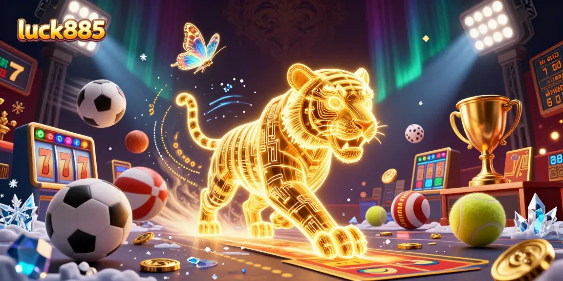 Experience the excitement of luck885 in this vibrant digital casino scene with a golden tiger and sports elements.