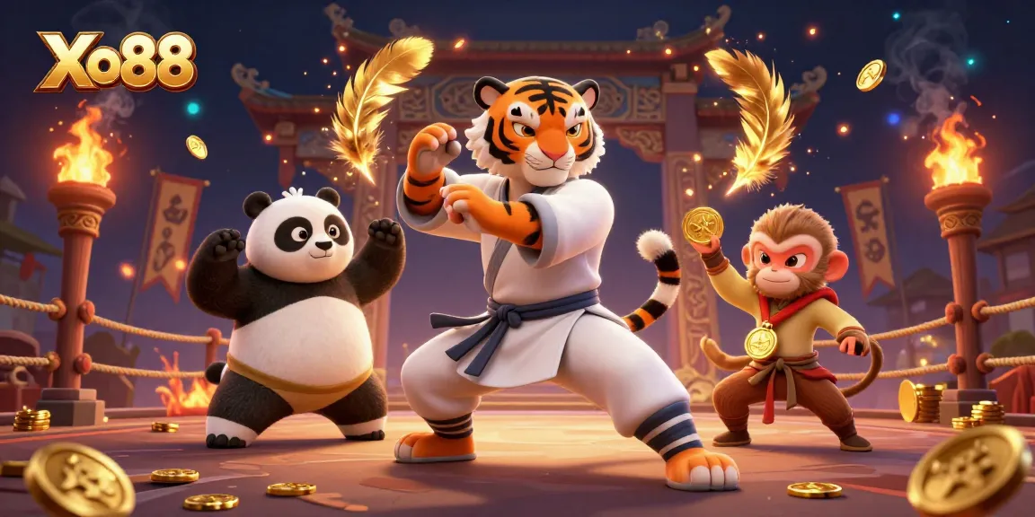 Xo88's thrilling 3D scene featuring kung fu tiger and panda at a vibrant casino.