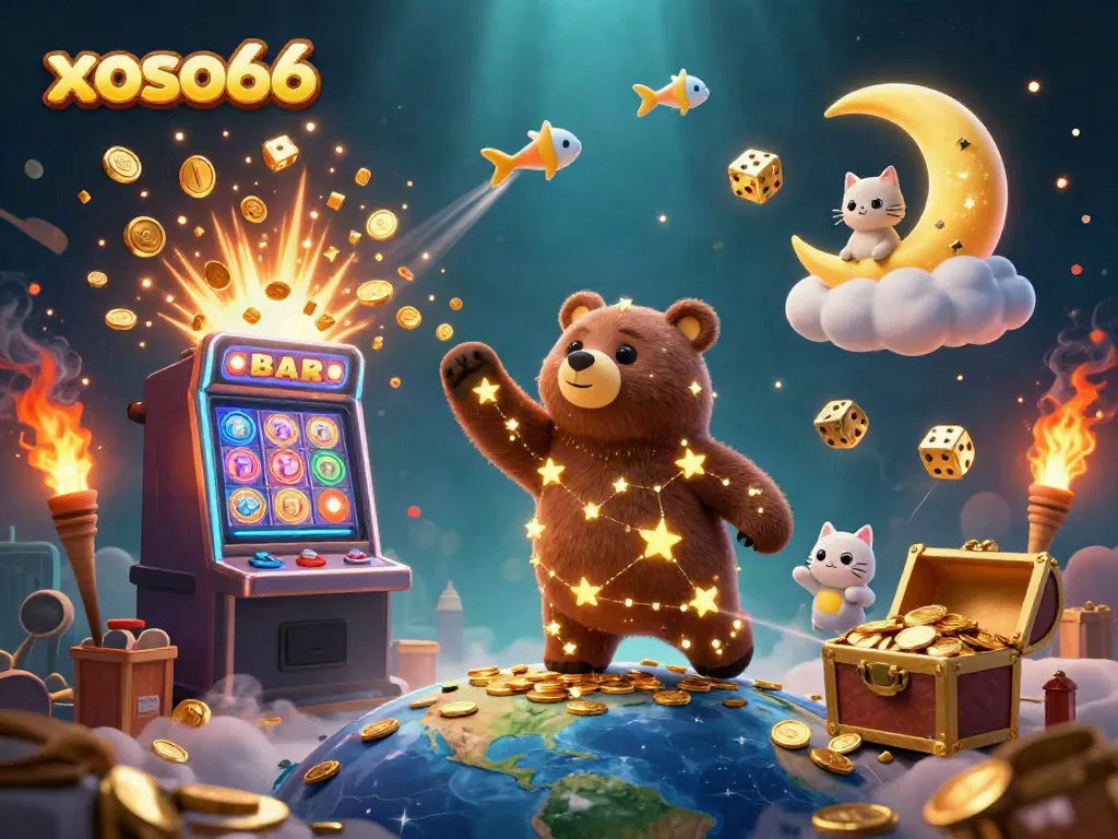 Xoso66 offers an engaging experience with a bear made of stars collecting coins amidst thrilling gaming elements.