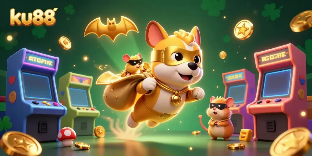 Win big at ku88 with the superhero dog as the star, collecting gold coins in a vibrant, colorful casino scene.