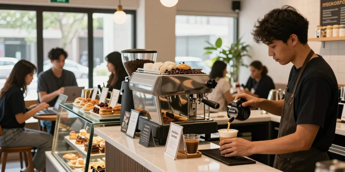 Barista pouring coffee in a lively café showcasing rokok88 coffee culture.