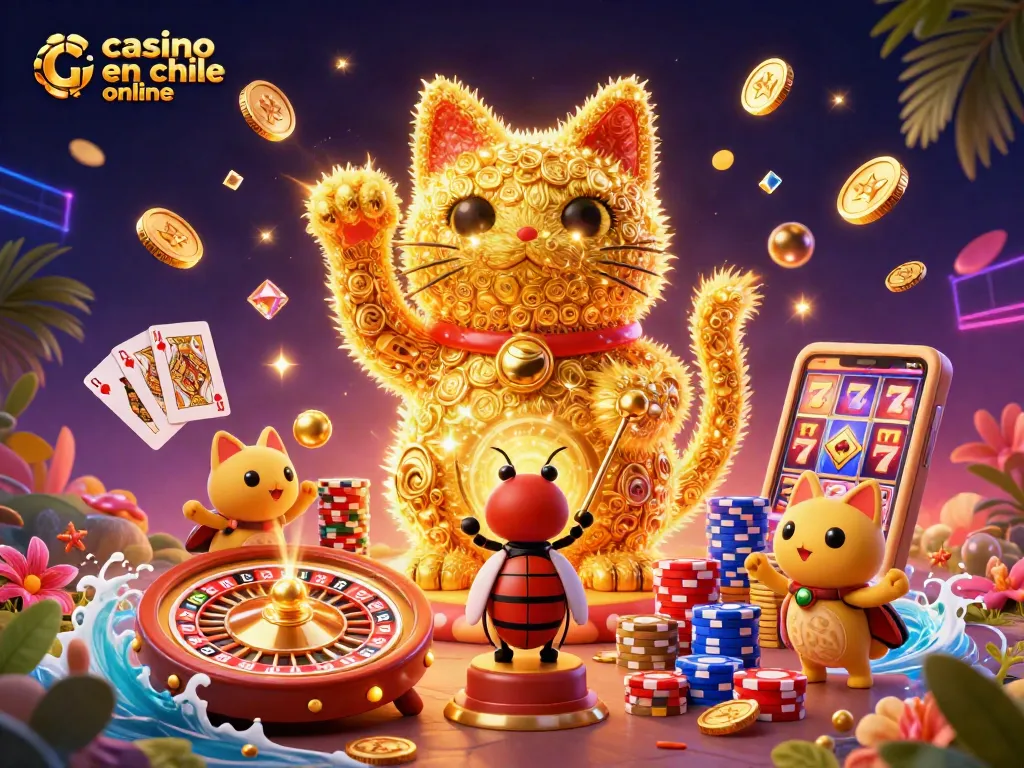 Juega en el casino en línea de Chile con una ilustración vibrante de un gato de la suerte y símbolos de juego.