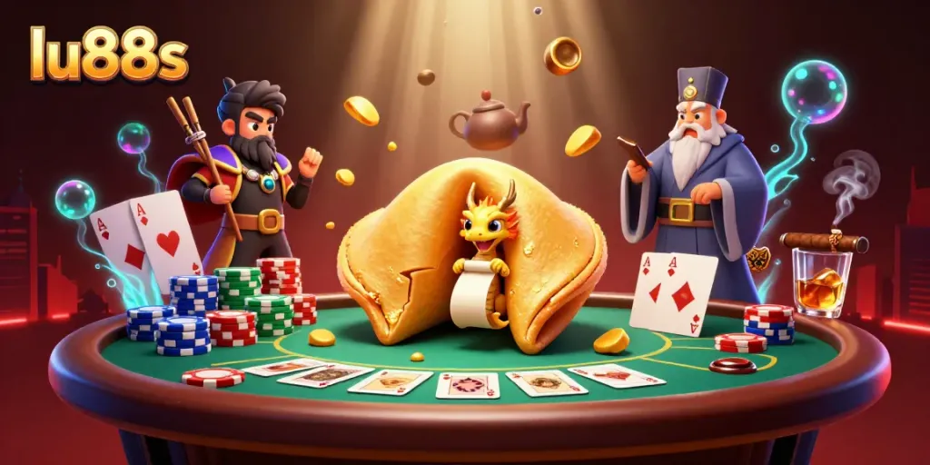 Experience the excitement of poker at lu88s with dynamic scenes of action, fortune cookies, and game elements.