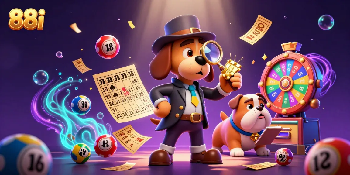 Exciting 88i casino adventure featuring a detective dog duo analyzing clues amid vibrant colorful lottery and gaming elements.