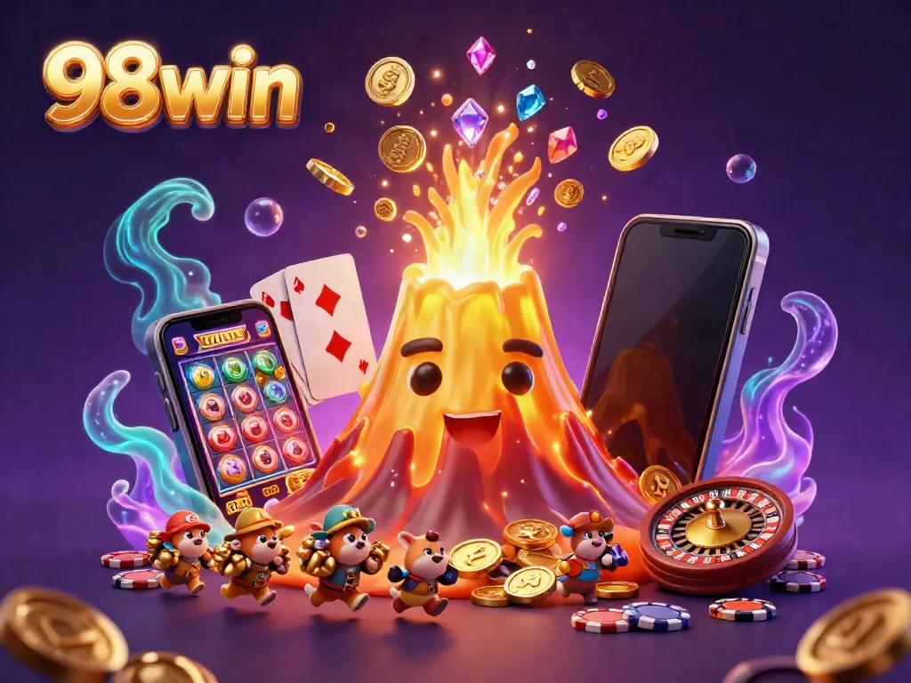 Win big at 98win with a dynamic illustration showcasing treasure eruptions and casino games.