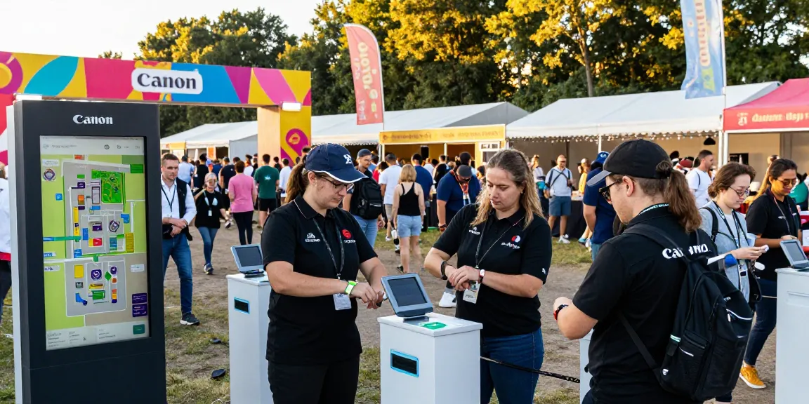Efficient access control with pulseras digitales para festivales at a lively festival entrance, showcasing staff scanning NFC wristbands.