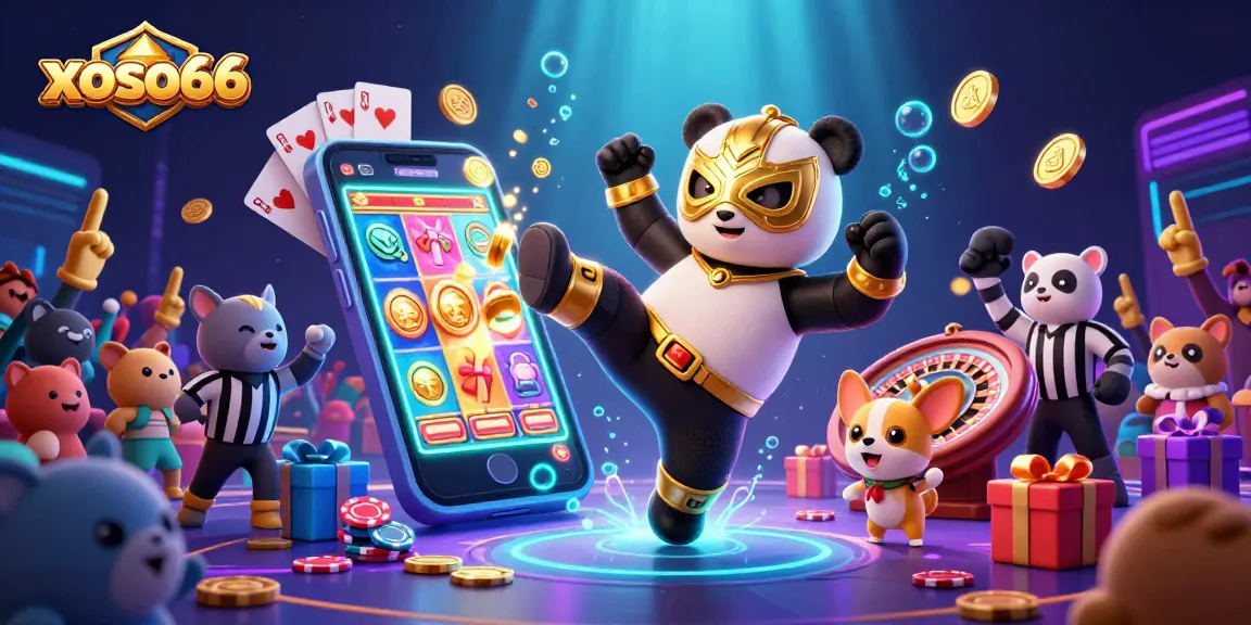 xoso66 captures the thrill of online lottery gaming with a vivid scene of a wrestling panda and animated animal spectators.