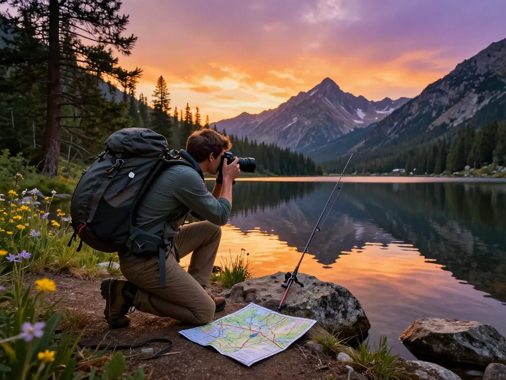 Un viajero en la orilla de un lago montañoso durante el atardecer, capturando reflexiones mientras busca la siera kaudalor.
