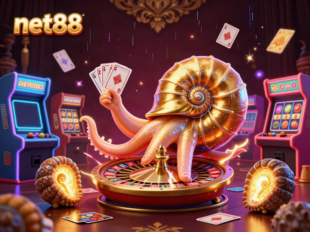 Join the excitement at net88 with a vibrant 3D casino scene featuring a nautilus roulette wheel and slot games.
