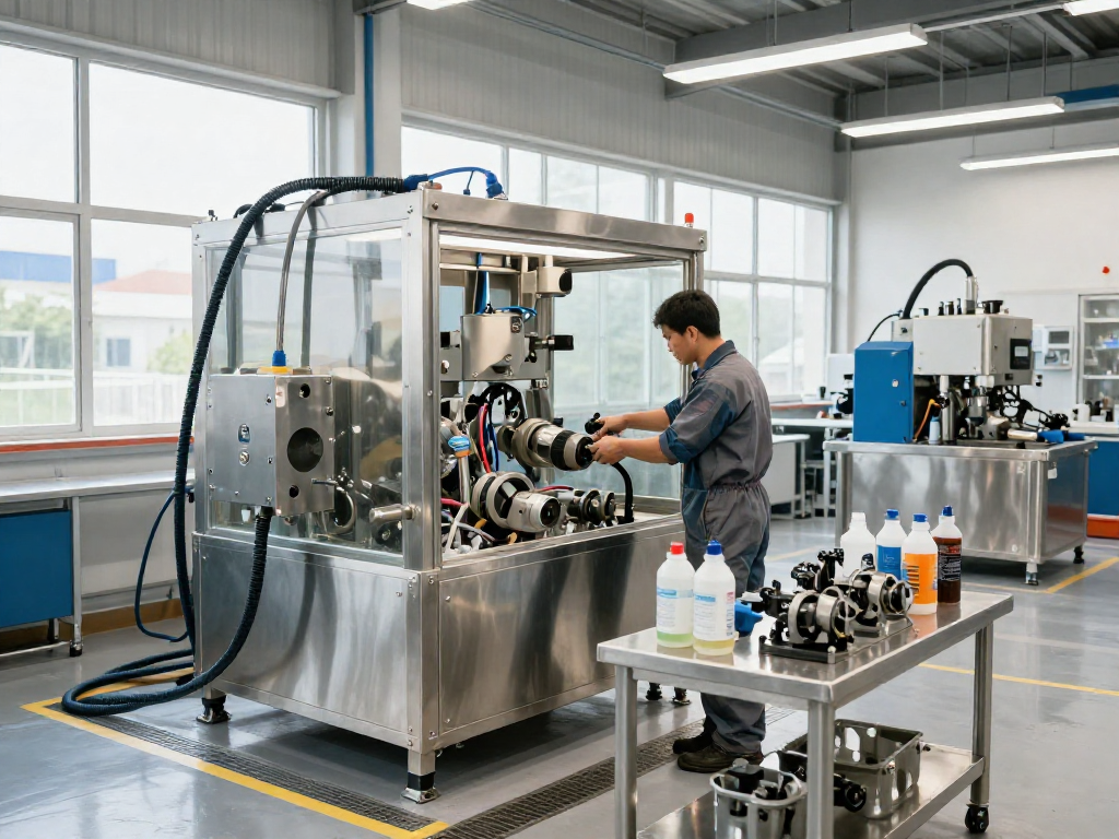 Cabina de lavado de piezas en un taller industrial con técnico revisando el funcionamiento.