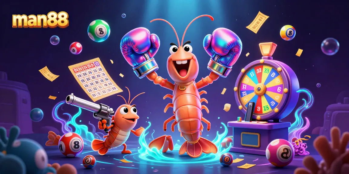 man88 celebrates a vibrant lottery scene with animated characters and floating game elements.