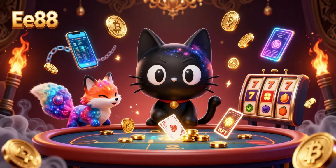 Engage with Ee88 in a captivating cosmic casino where glowing chips and vibrant game elements collide.