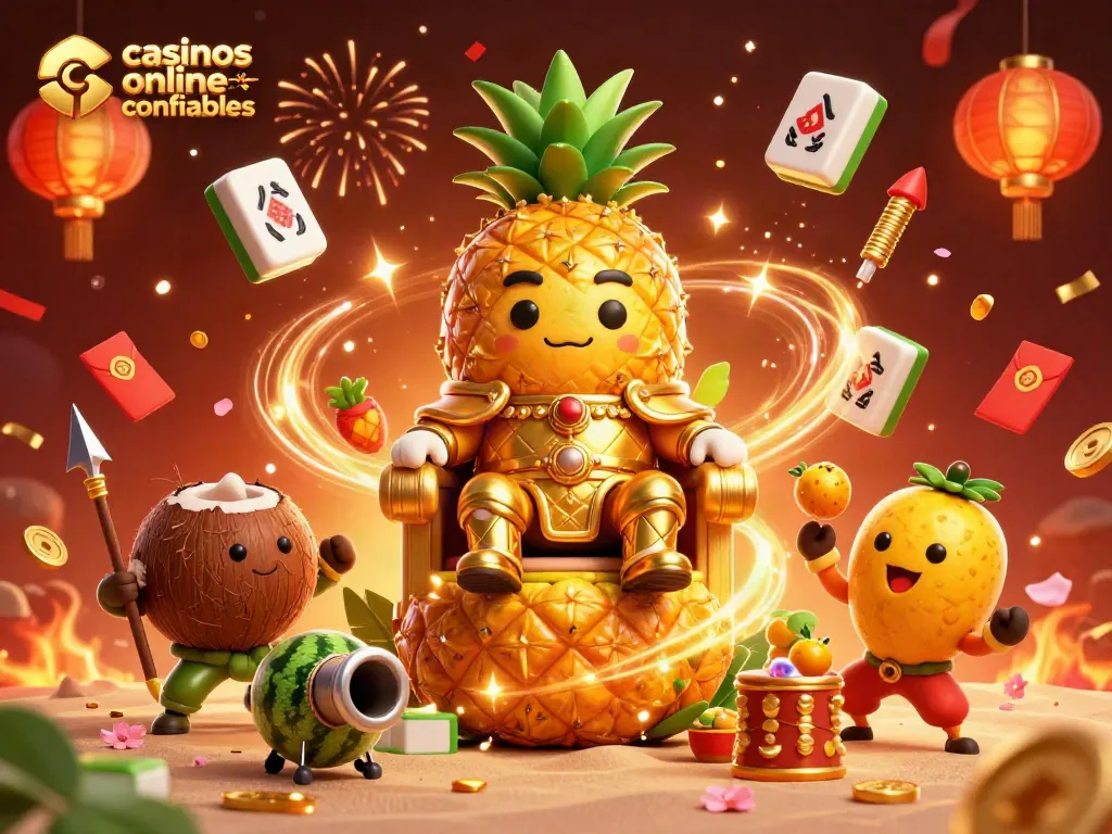 Ilustración artística sobre casinos online confiables en Chile, mostrando elementos vibrantes y un divertido rey piña.