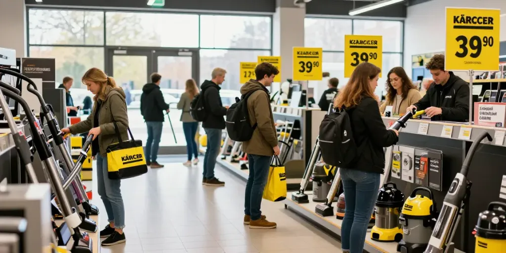 Promociones del Black Friday Kärcher en una tienda con clientes entusiastas.