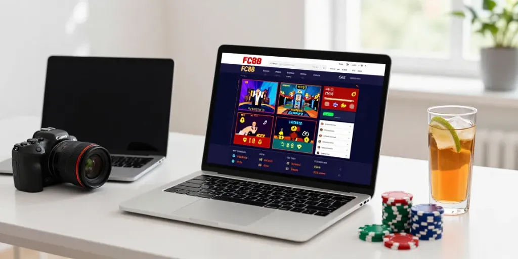 Engaging with FC88 online gambling platform on a laptop, showcasing vibrant casino games and sports betting.