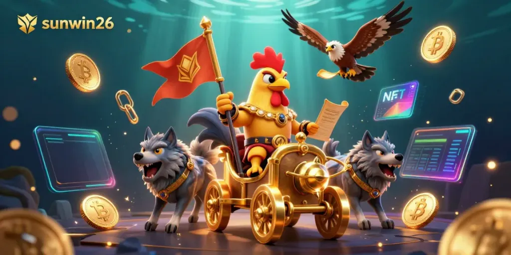 Experience captivating adventures with sunwin26, featuring a rooster warlord in a golden chariot amid dynamic betting excitement.