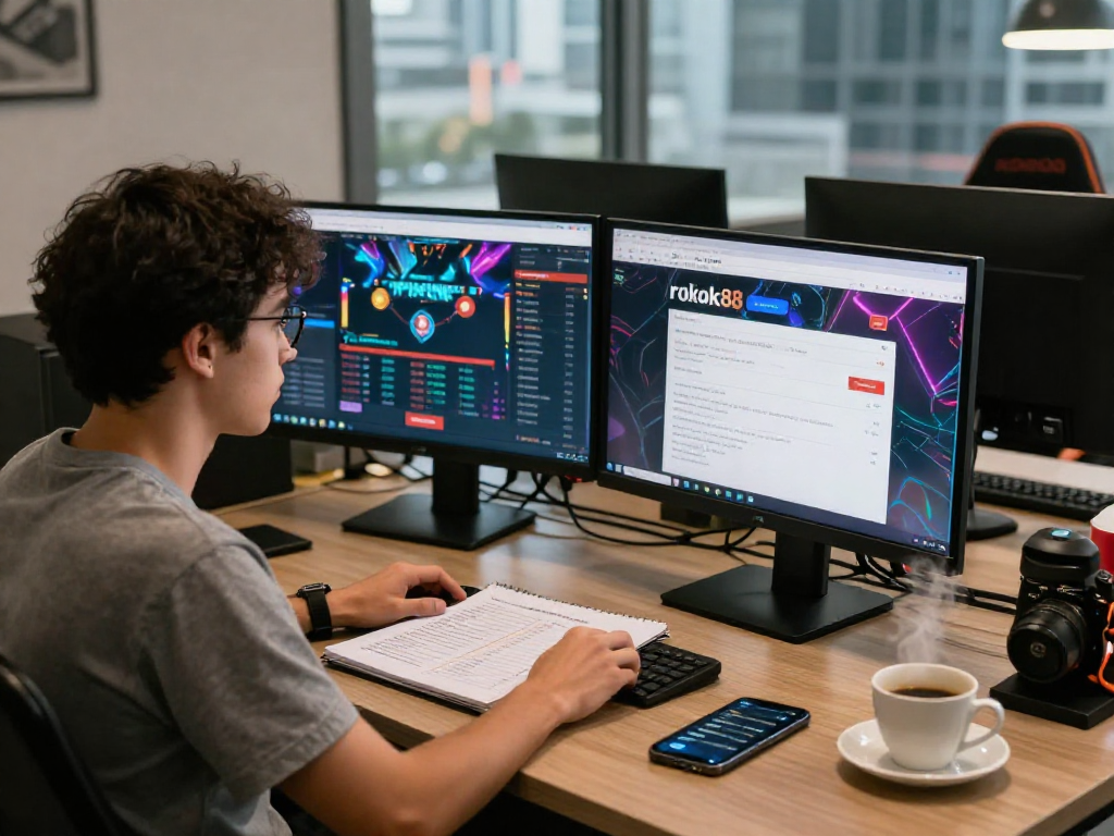 Using the rokok88 login portal in a modern gaming office setting with analytics displayed on dual monitors.