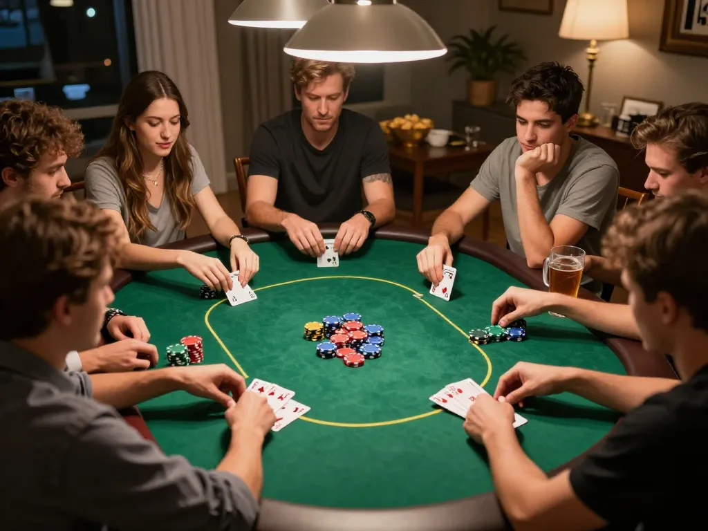 Friends playing poker at home, showcasing strategic gameplay with nk88net. Cozy ambiance enhances the experience.