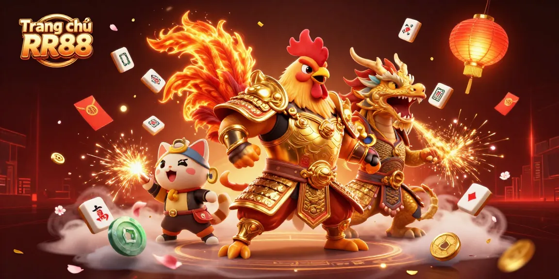Engage with the thrilling gaming experience on Trang chủ RR88, featuring a vibrant illustration of a heroic rooster warrior and a dragon hatchling.