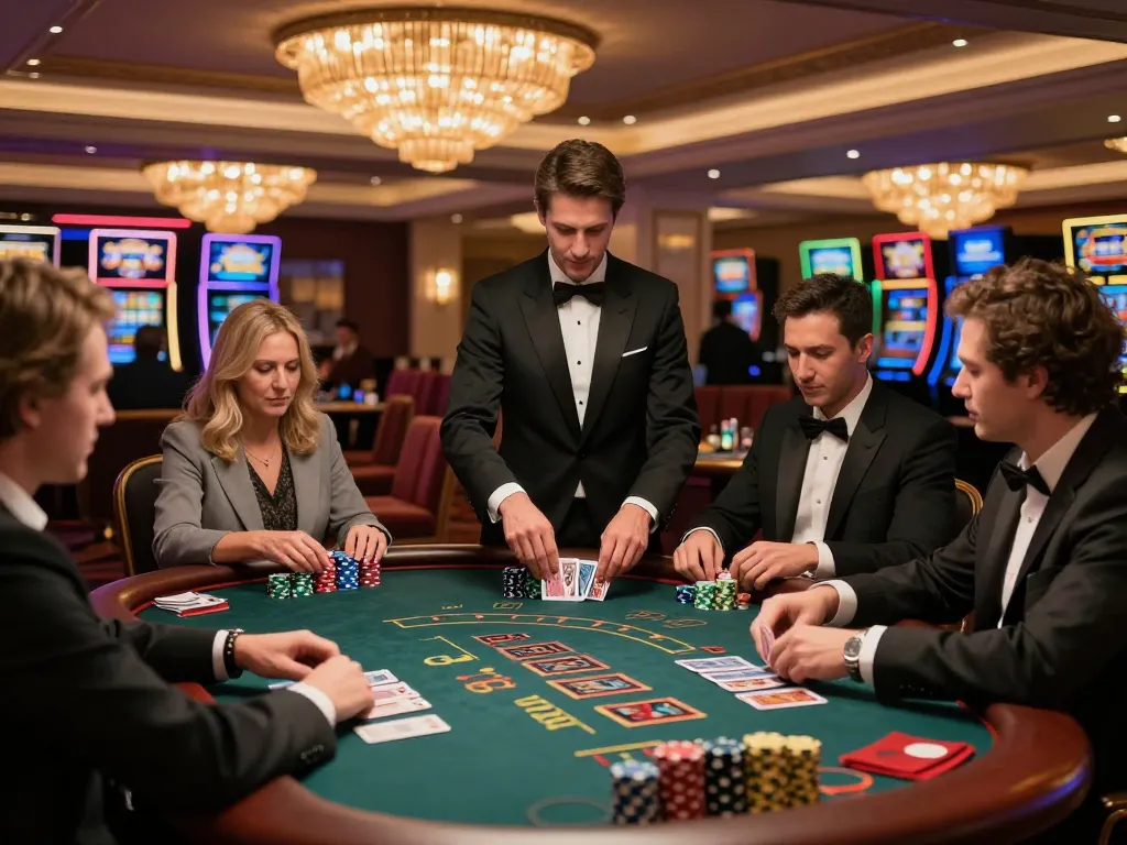Players engage in a high-stakes game at the b52club blackjack table, vibrant casino atmosphere visible.