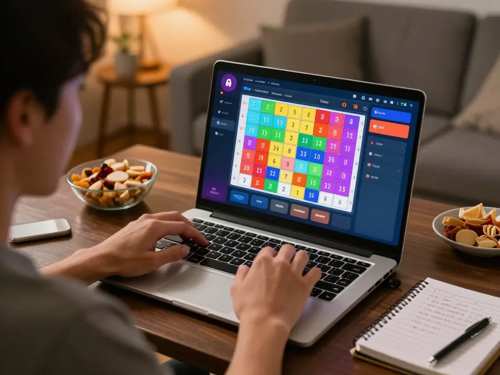 Engaging in đánh lô online from a cozy home setup, showcasing vibrant gameplay and strategic notes.