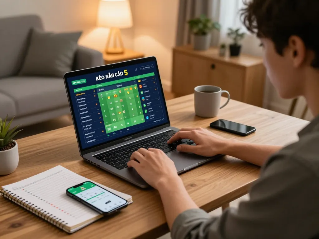 Engage in online betting with kèo nhà cái 5 displayed on the laptop in a cozy home setting.