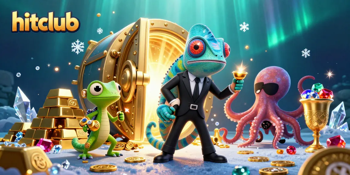 Engage with the vibrant hitclub scene featuring a chameleon, gecko, and octopus immersed in treasure.